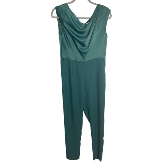Reiss Cowl Neck Jumpsuit Sleeveless Satin Jersey Slim Leg Green Size